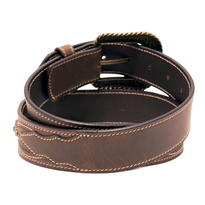 Stitched Concho Top Grain Leather Belt - Brown