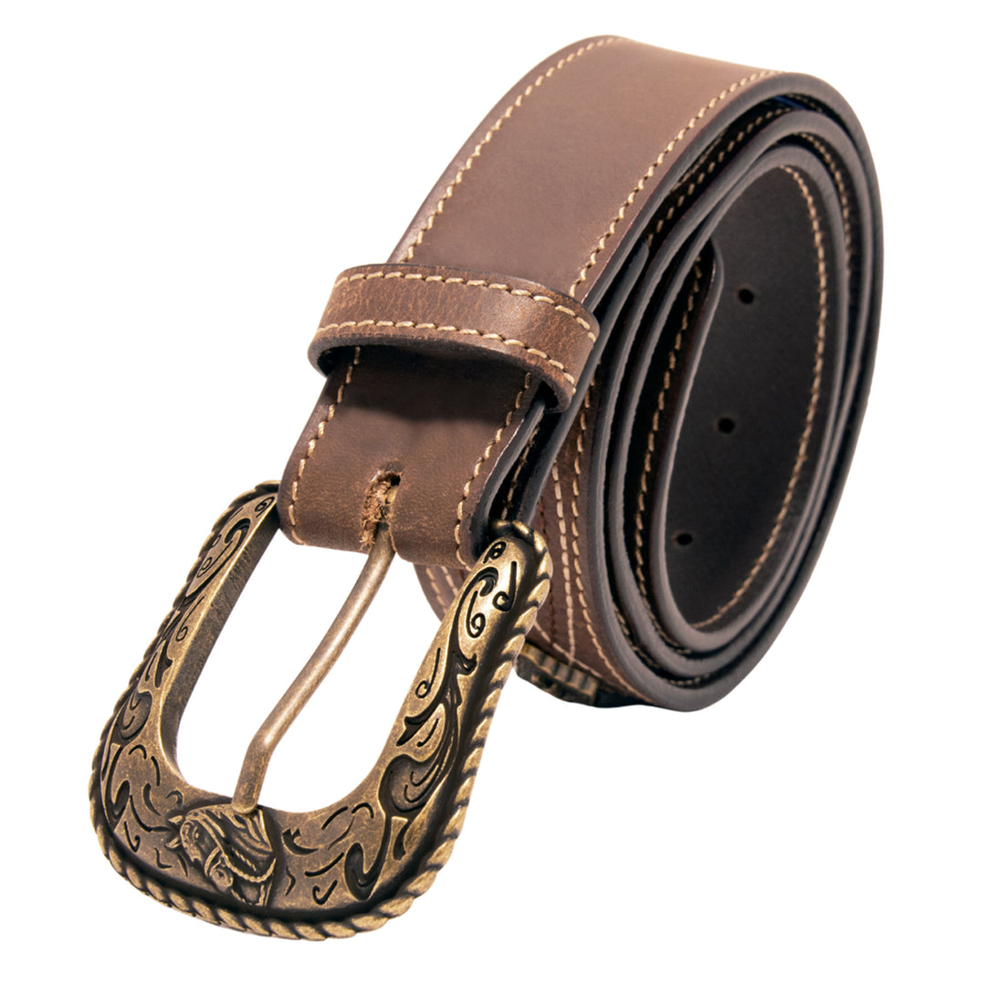 Stitched Concho Top Grain Leather Belt - Brown