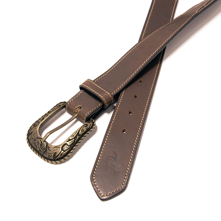 Stitched Concho Top Grain Leather Belt - Brown