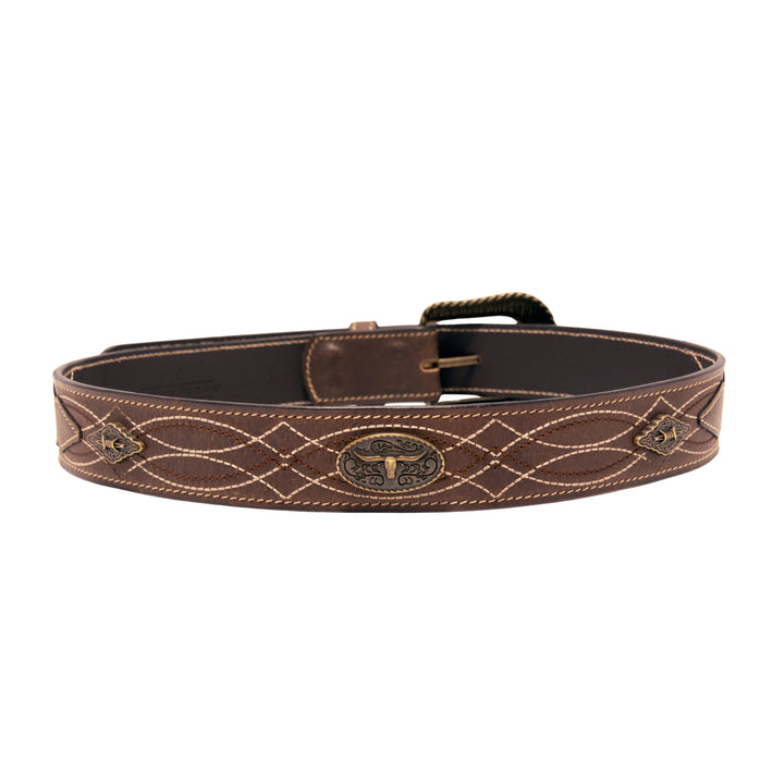 Stitched Concho Top Grain Leather Belt - Brown