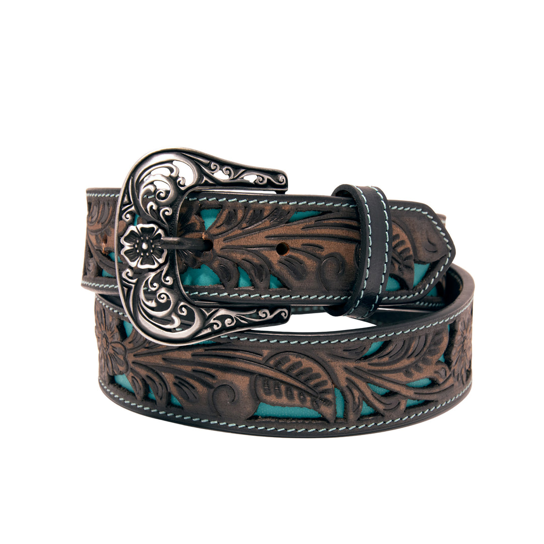 Floral Tooled Cutout Top Grain Leather Belt - Black