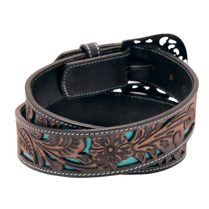Floral Tooled Cutout Top Grain Leather Belt - Black