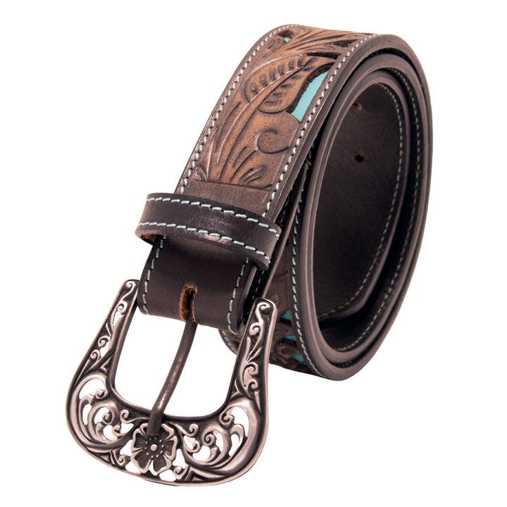 Floral Tooled Cutout Top Grain Leather Belt - Black