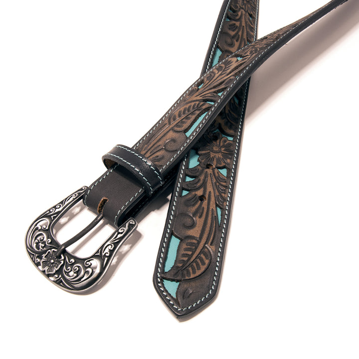 Floral Tooled Cutout Top Grain Leather Belt - Black