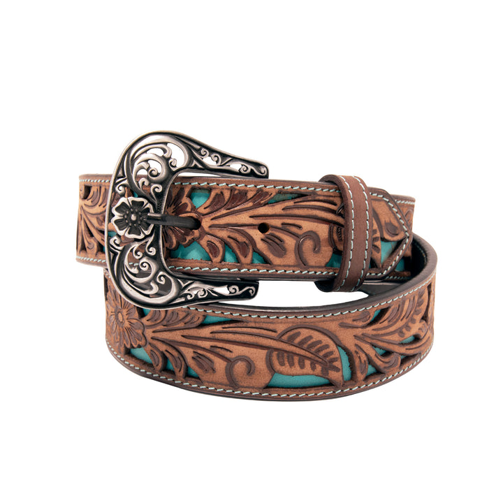 Floral Tooled Cutout Top Grain Leather Belt - Brown