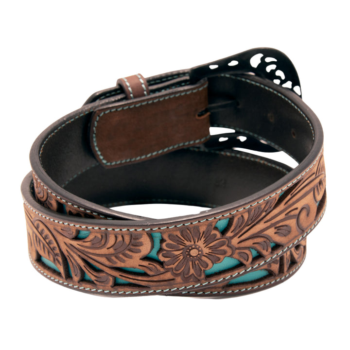 Floral Tooled Cutout Top Grain Leather Belt - Brown