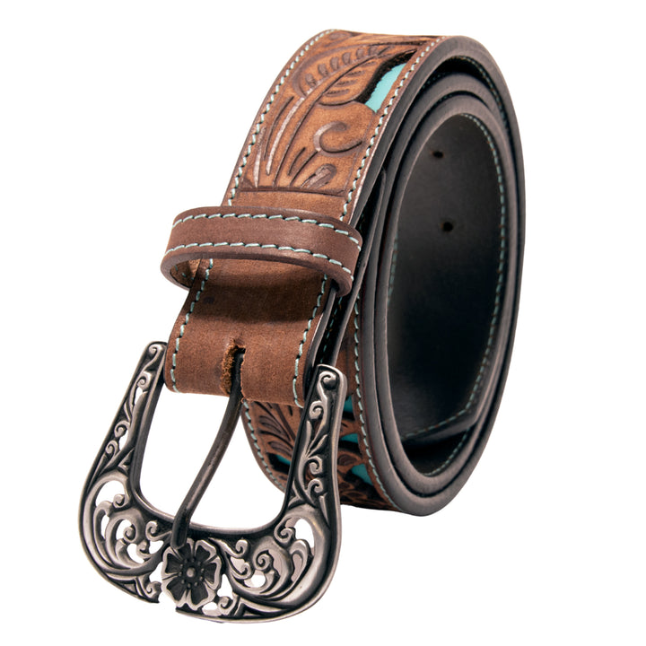 Floral Tooled Cutout Top Grain Leather Belt - Brown