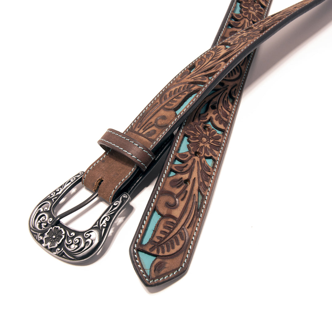 Floral Tooled Cutout Top Grain Leather Belt - Brown