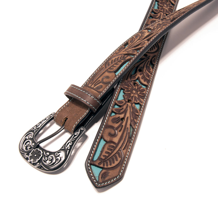 Floral Tooled Cutout Top Grain Leather Belt - Brown