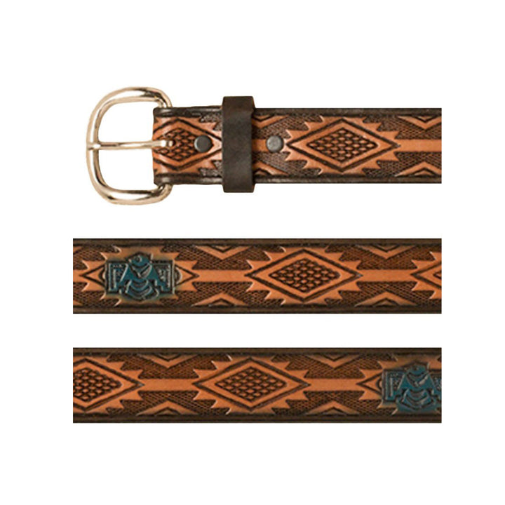 Brown Leather Belt with Aztec Design &amp; Blue Eagle Accents - 32 inch