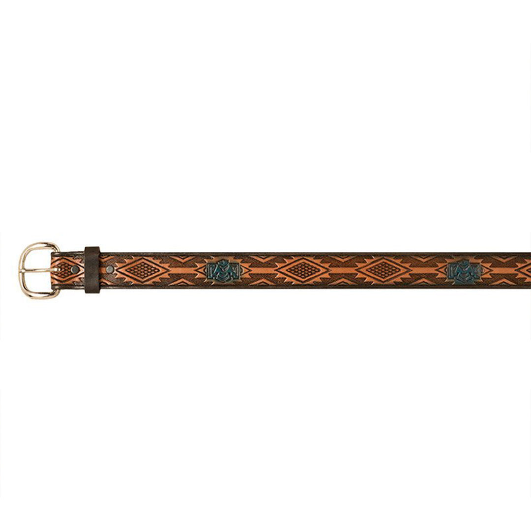 Brown Leather Belt with Aztec Design &amp; Blue Eagle Accents - 32 inch