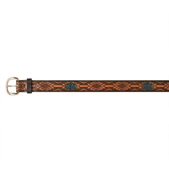 Brown Leather Belt with Aztec Design &amp; Blue Eagle Accents - 32 inch