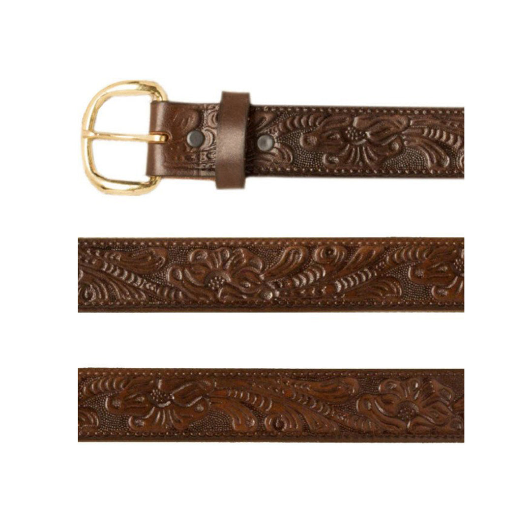 Tooled Brown Leather Belt with Floral Pattern