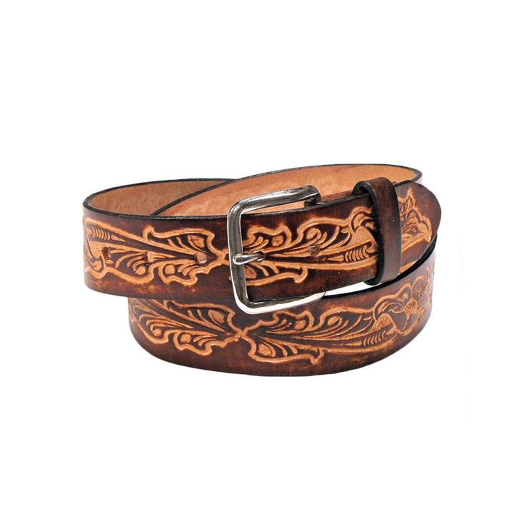 Brown Leather Belt with Western Scrolls